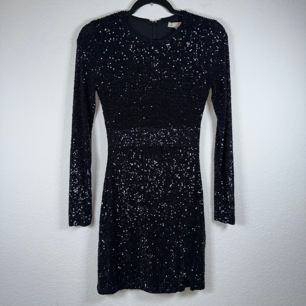 Lulus Sequin Bodycon Mini Dress Womens Size Small Black Long Sleeve Sparkly